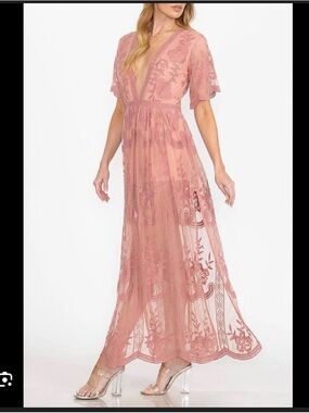 Boutique 9 Dusty Rose Floral Lace Maxi Dress